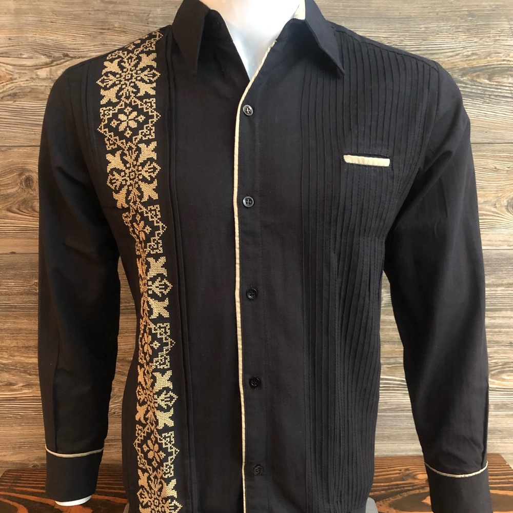 Mens Mexican Guayabera Dress Shirt Black Linen Long Sleeve Beige Embroidery